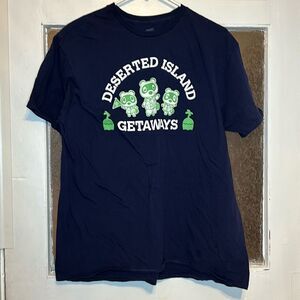 Animal Crossing Women’s Deserted Island Getaways Navy Blue and Green Tshirt XL